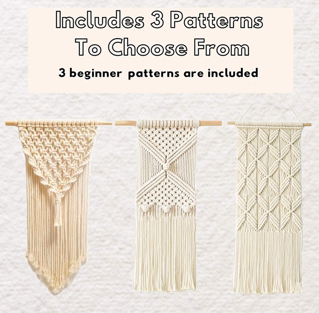 RQWZBCHX DIY Macrame Wall Hanging Kits, 3 Patterns Macrame DIY Wall Hangers for Beginners, Home Decor with 200 Meters Macrame Cord, 3 PCS Wooden Dowels and Instruction Booklet for Macrame Starters