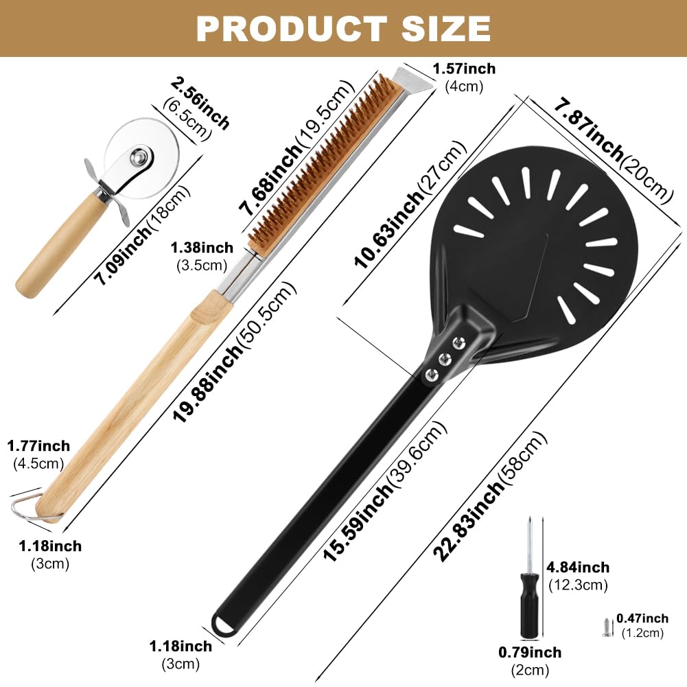 Pizza Oven Accessories Kit w/Pizza Oven Brush & Stone Scraper, 7.8inch Aluminum Perforated Long Handle Nonstick Pizza Turning Peel Cutter Wheel for Outdoor Homemade Baking Pizzas