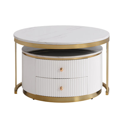 Merax 27.6'' Round Nesting Coffee Table, Modern with 2 Large Drawers Storage, Gold Finish End Tables for Living Room Apartment, Gold+White