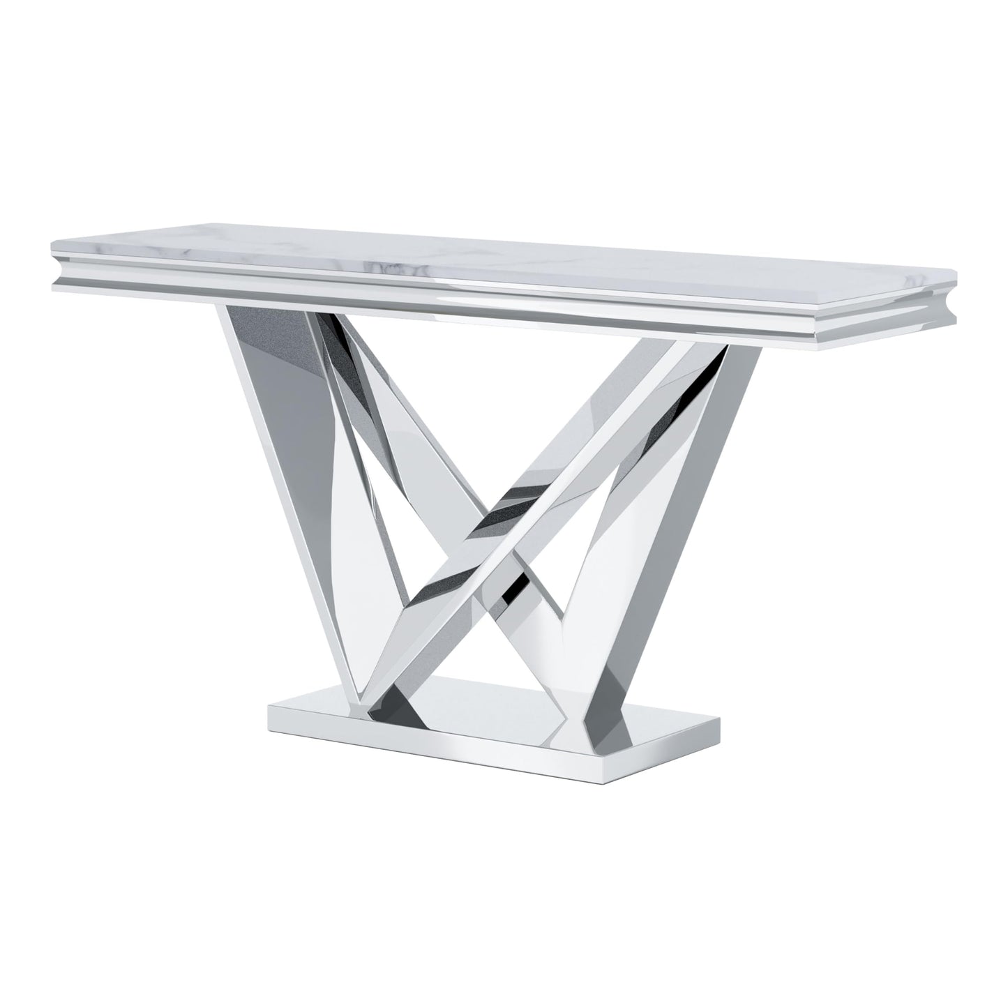 Furniture of America Namai 25mm Faux Marble Top Rectangle Sofa Table with Metal Construction and V-Style Pedestal, Home Décor for Living Room, Entryway, Hallway, Office, Corridor, Chrome