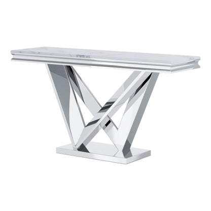 Furniture of America Namai 25mm Faux Marble Top Rectangle Sofa Table with Metal Construction and V-Style Pedestal, Home Décor for Living Room, Entryway, Hallway, Office, Corridor, Chrome