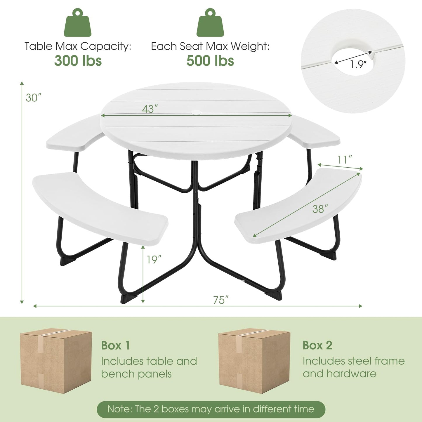 Giantex Picnic Table Set for Up to 8 Persons, Round Outdoor Table and Bench Set with Umbrella Hole, HDPE Top & Metal Frame, 2000LBS Capacity, Patio Table Bench for Deck Backyard Garden (White)