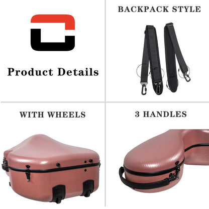 Crossrock 4/4 Cello Case with Wheels – Matte Rose Gold Poly Carbon Shell, Black Velvet Interior, Ergonomic Handles, Music Pouch – Everyday Protection Series