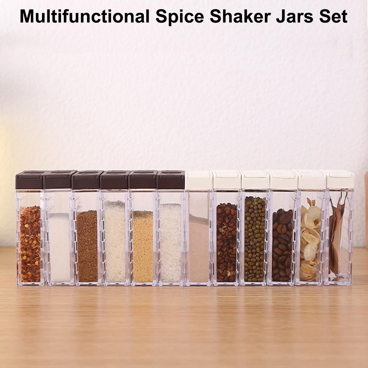 Anberky 12 PCS Spice Shaker Jars, Salt and Pepper Shakers Set, Seasoning Shaker Boxes Condiment Set, Plastic Spice Dispenser Cases Clear Seasoning Storage Container Bottles with Lid & Tray (#A)