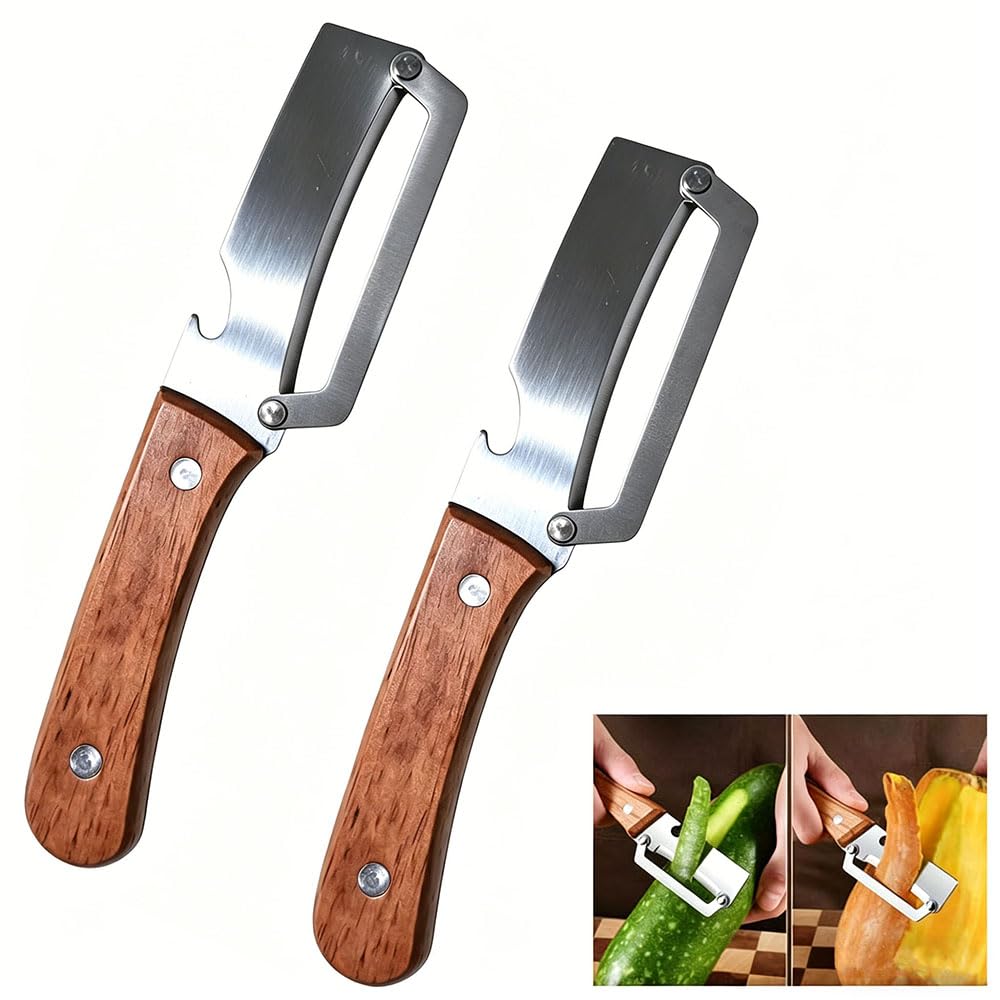 2 Pack 2 in 1 Multi Functional Vegetable Peelers, Kitchen Tool with Wooden Handl and Bottle Opener,Stainless Steel Potato Peelers, Kitchen Fruit & Veggie Peelers with Ergonomic Grip