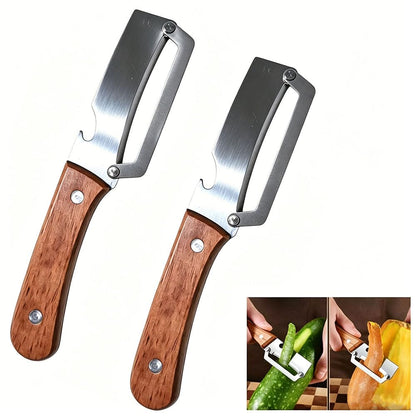 2 Pack 2 in 1 Multi Functional Vegetable Peelers, Kitchen Tool with Wooden Handl and Bottle Opener,Stainless Steel Potato Peelers, Kitchen Fruit & Veggie Peelers with Ergonomic Grip