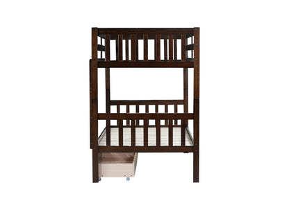 MERITLINE Wood Bunk Bed with Drawers, Convertible Bunk Bed with Ladders and Two Storage Drawers, Solid Wood Detachable Bedframe with Guardrails, Twin Over Twin, Espresso