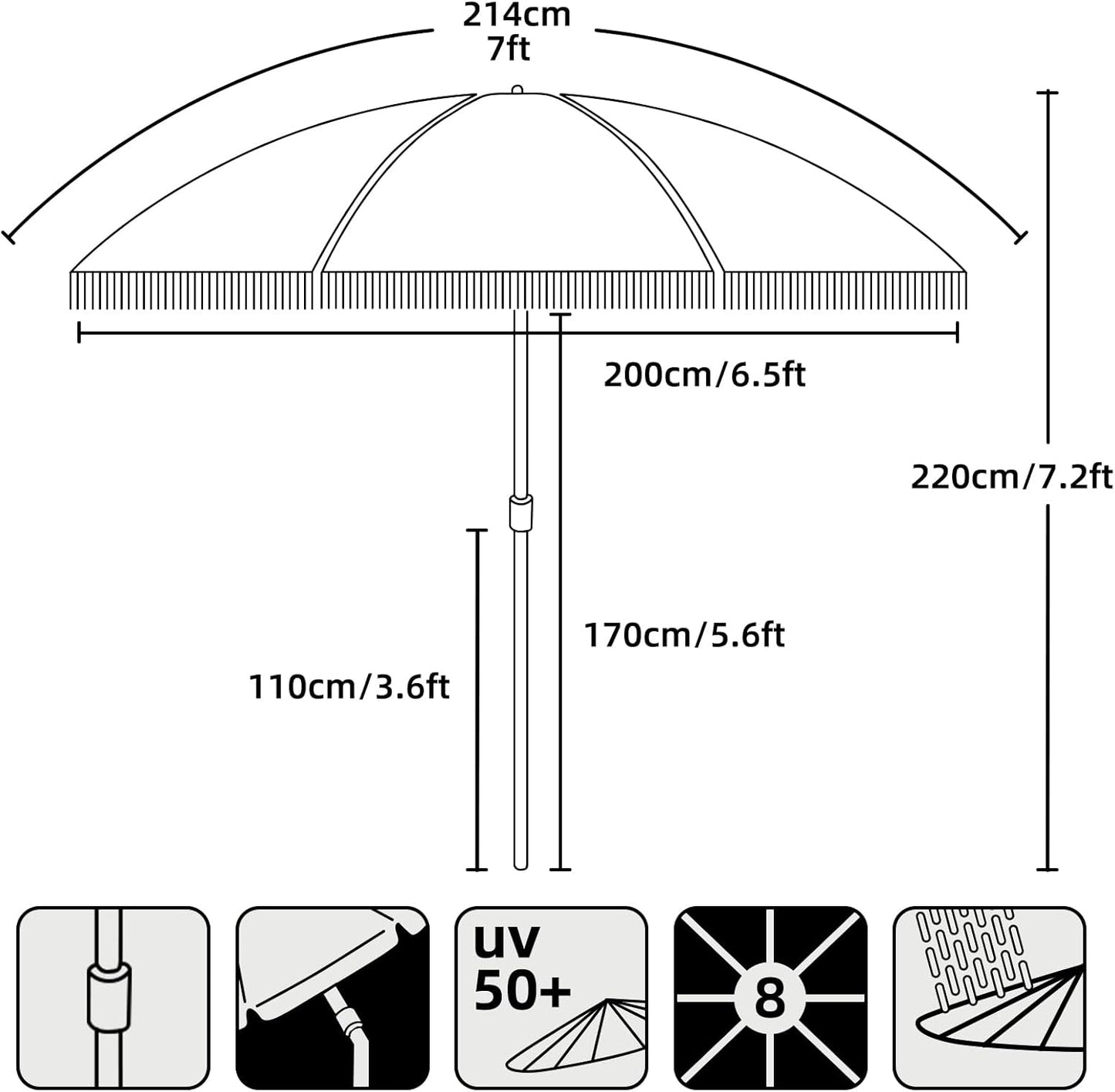 AMMSUN 7ft Patio Umbrella - Stylish Fringe Design with UPF50+ Protection & Steel Pole | Black