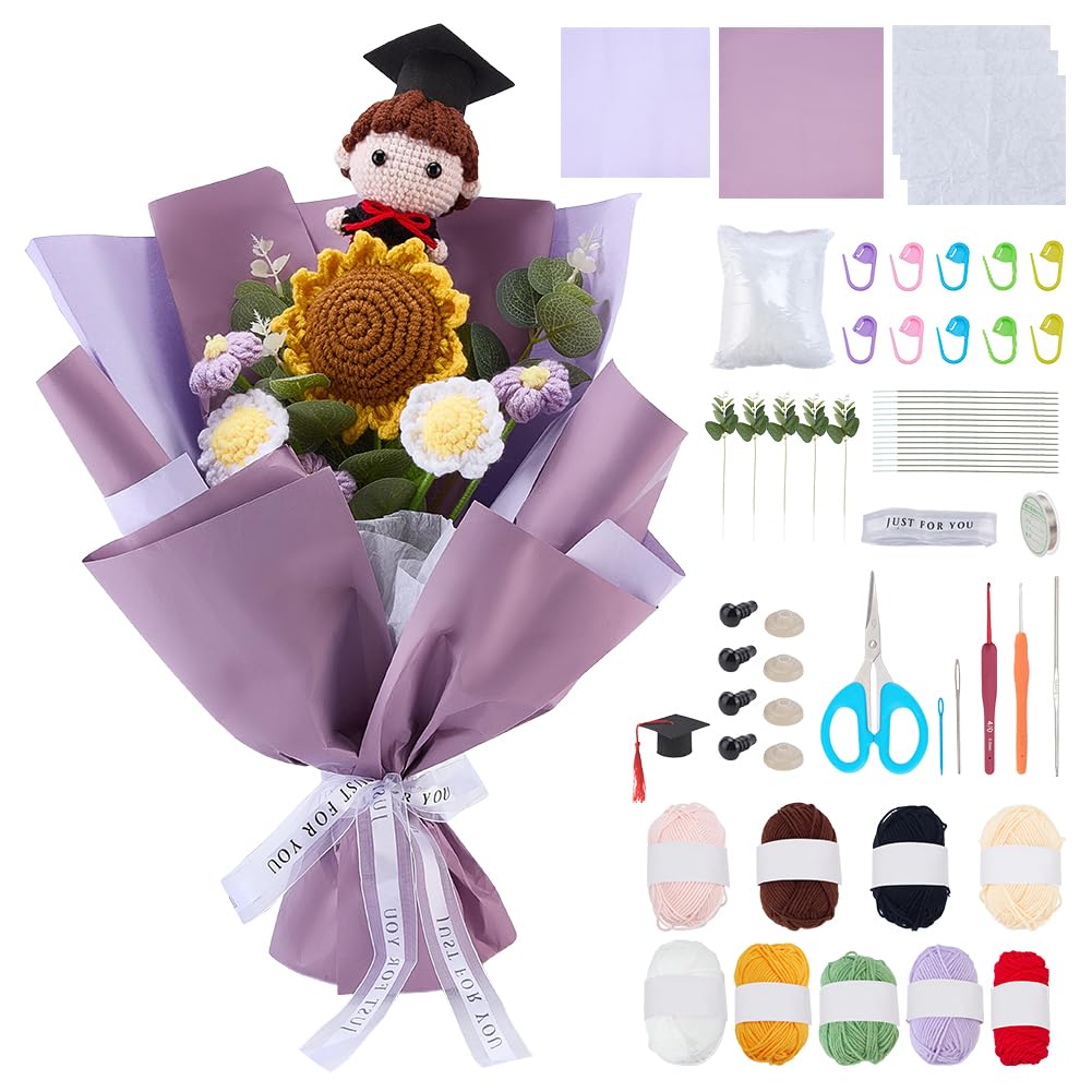 ORIGACH DIY Crochet Graduation Bouquet with Personalized Doll Kit for Beginner Adults Handmade Crochet Sunflower Bouquet & Graduate Girl Doll for Graduation Gift, Teacher Appreciation Gifts