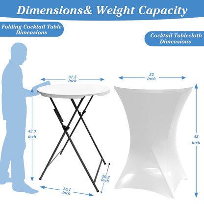 THESEATOP 2Sets 32in Hightop Folding Cocktail Tables+Covers, White-Spandex Stretch Folding Bar Table Covers, Removable Legs Bar Height Folding Table Outdoor Indoor Use (2+2White/2Covers+2Tables)