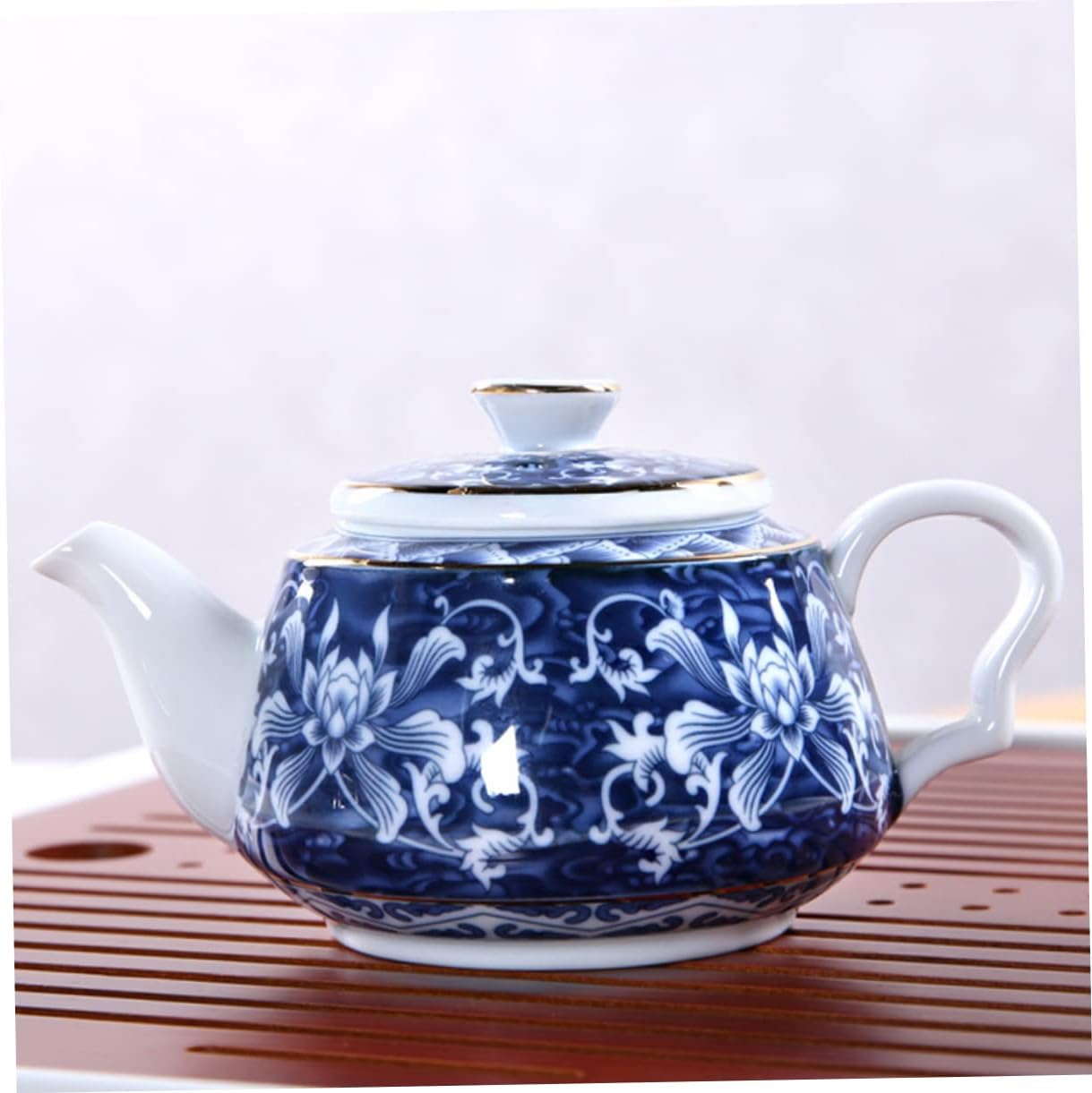 Uonlytech Ceramic Teapot, Blue and White Porcelain Travel Tea Kettle, Retro Portable Teapot with Handle