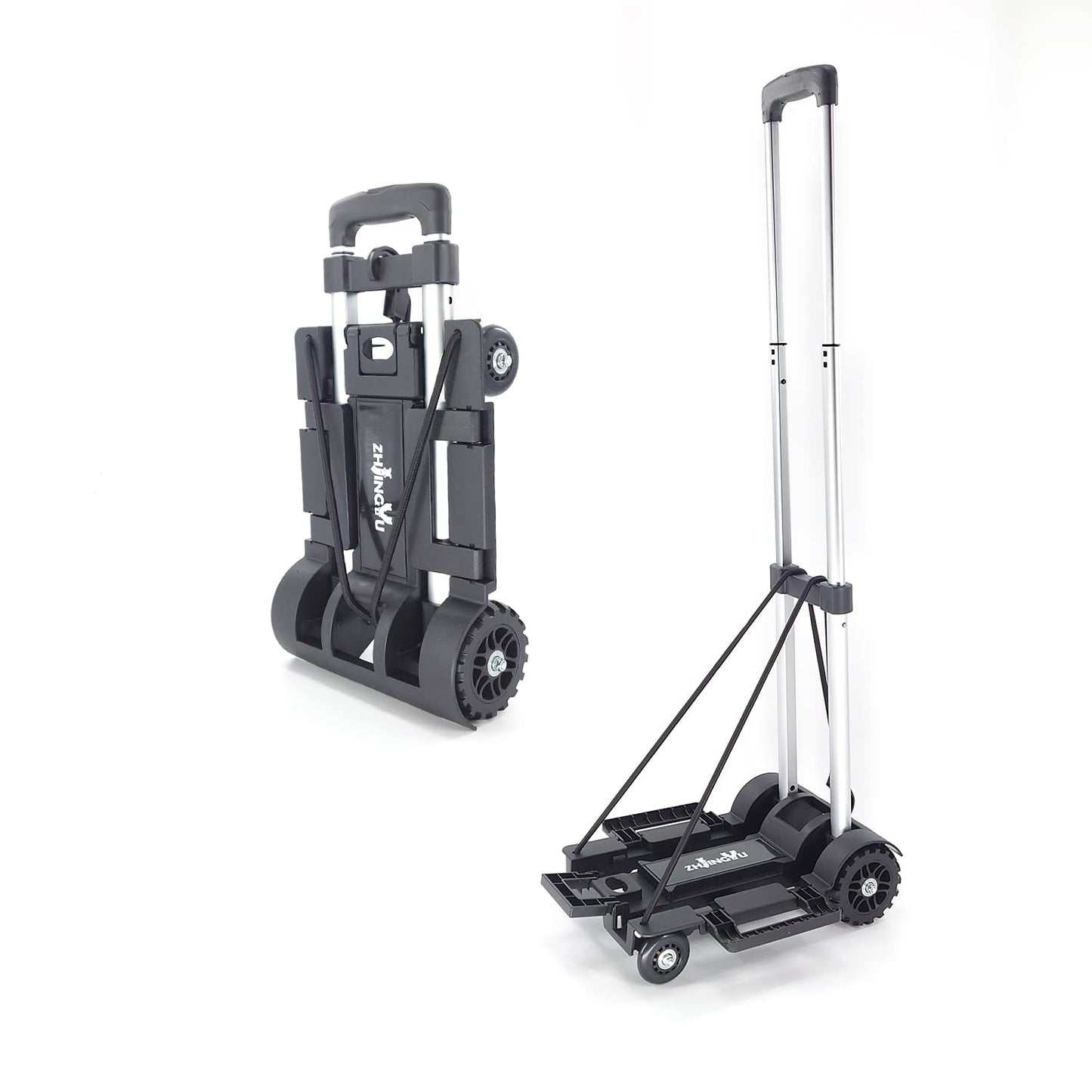 ZHJINGYU Folding Hand Truck Trolley, Utility Cart with 4 Wheels & 2 Elastic Ropes, Portable Backpack Trolley, Luggage Dolly, Travel & Moving, Shopping, Aluminum, Black, Small