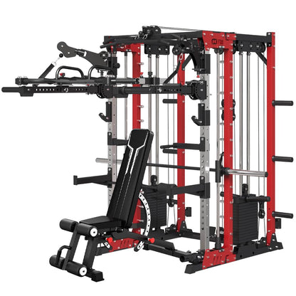 FAGUS H Commercial Smithe Machine with Weight Bench Combo,4000LBS Power Cage Squat Rack with 308lb Dual Weight Stacks,Multi-Functional Trainer Cable Crossover Machine with Lever Arm for Home Gym,Red