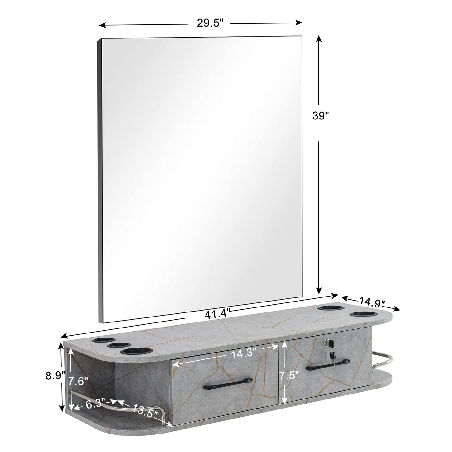BarberPub Locking Wall Mount Styling Barber Station with Mirror Beauty Spa Salon Furniture,6154-5012-mirror (Gold&Grey)