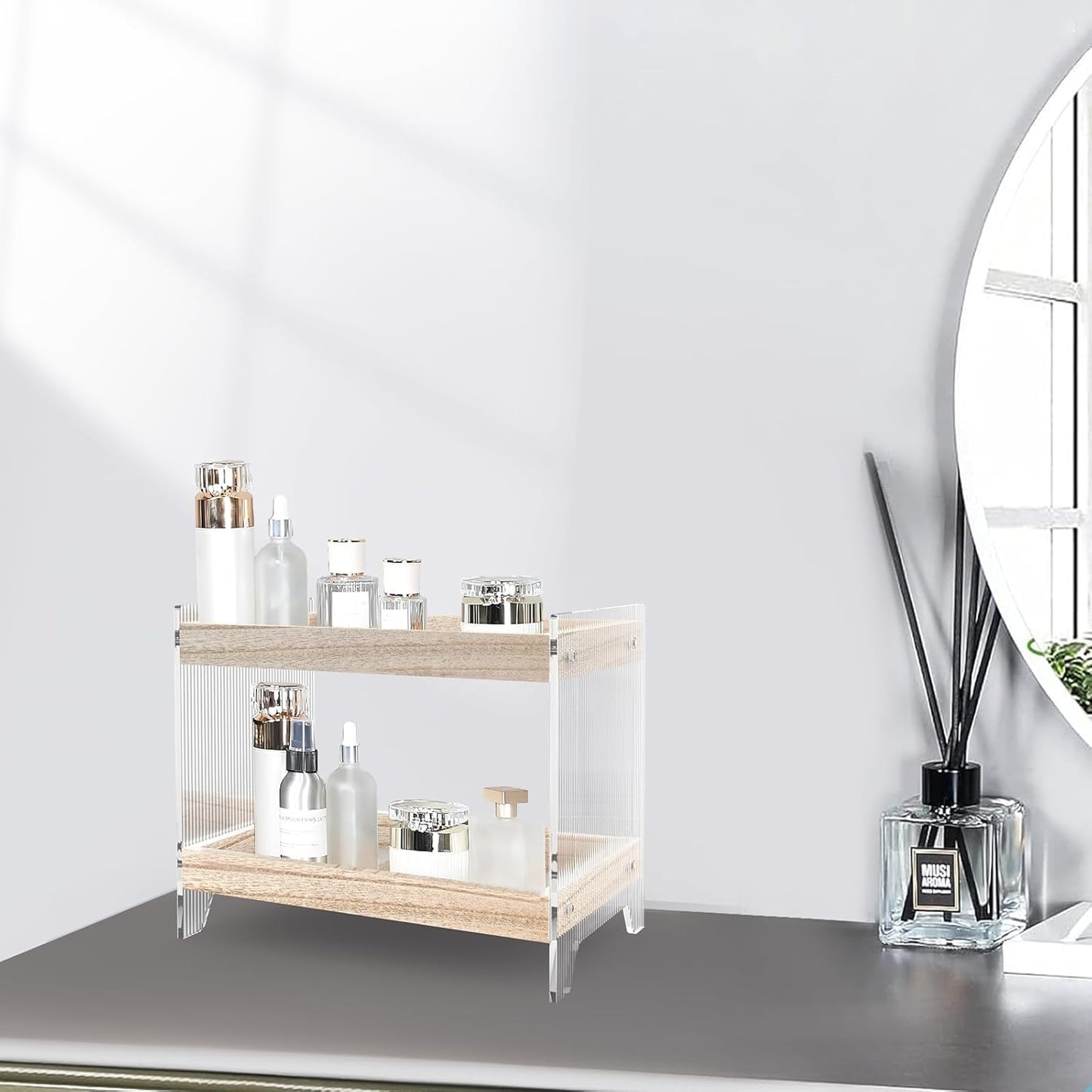 Bathroom Countertop Organizer, 2-Tier Wood Shelf for Cosmetic Storage, Acrylic Standing Rack for Home