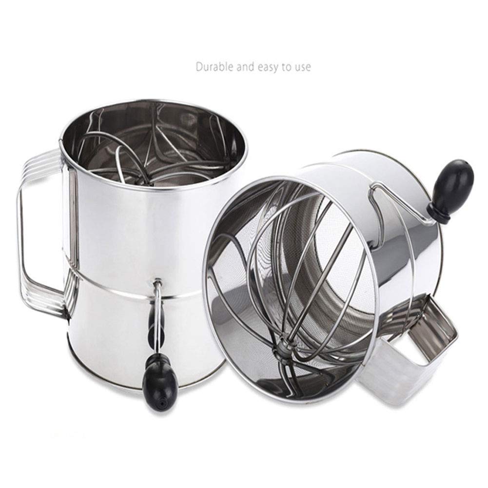 Flour Sifter, 8 Cup Flour Sifter for Baking Fine Mesh Rotary Hand Crank Sifters Stainless Steel with Loop Agitator for Quick Sifting, Flours Duster(COLOR:Silver)