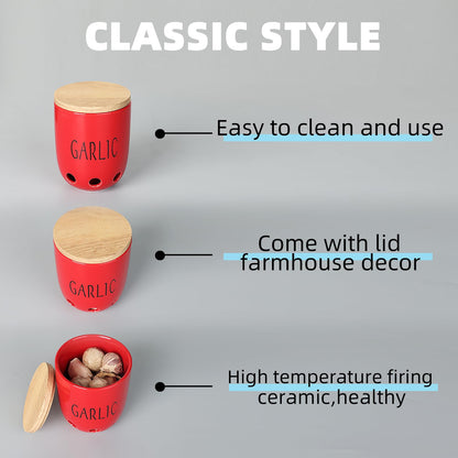 HAOTOP Ceramic Garlic Keeper for Counter, Garlic Saver Container with Wood Lid, Garlic Keeper for Kitchen, Garlic Holder to Keep Your Garlic Cloves Fresh Longer (Red)