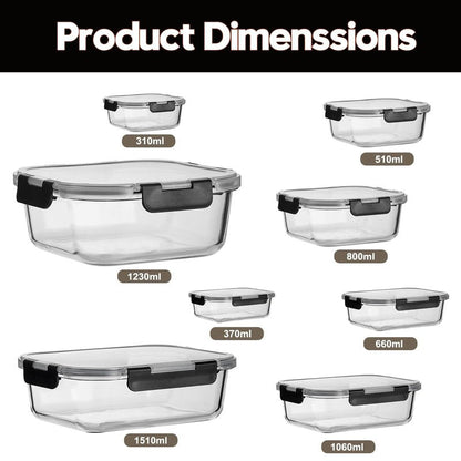 Belgol 8 Pack Glass Meal Prep Containers with Lids, Extra Thick Airtight Food Storage Set (310ml-1510ml/10.5oz–51oz), Leakproof Lunch Boxes for Leftovers