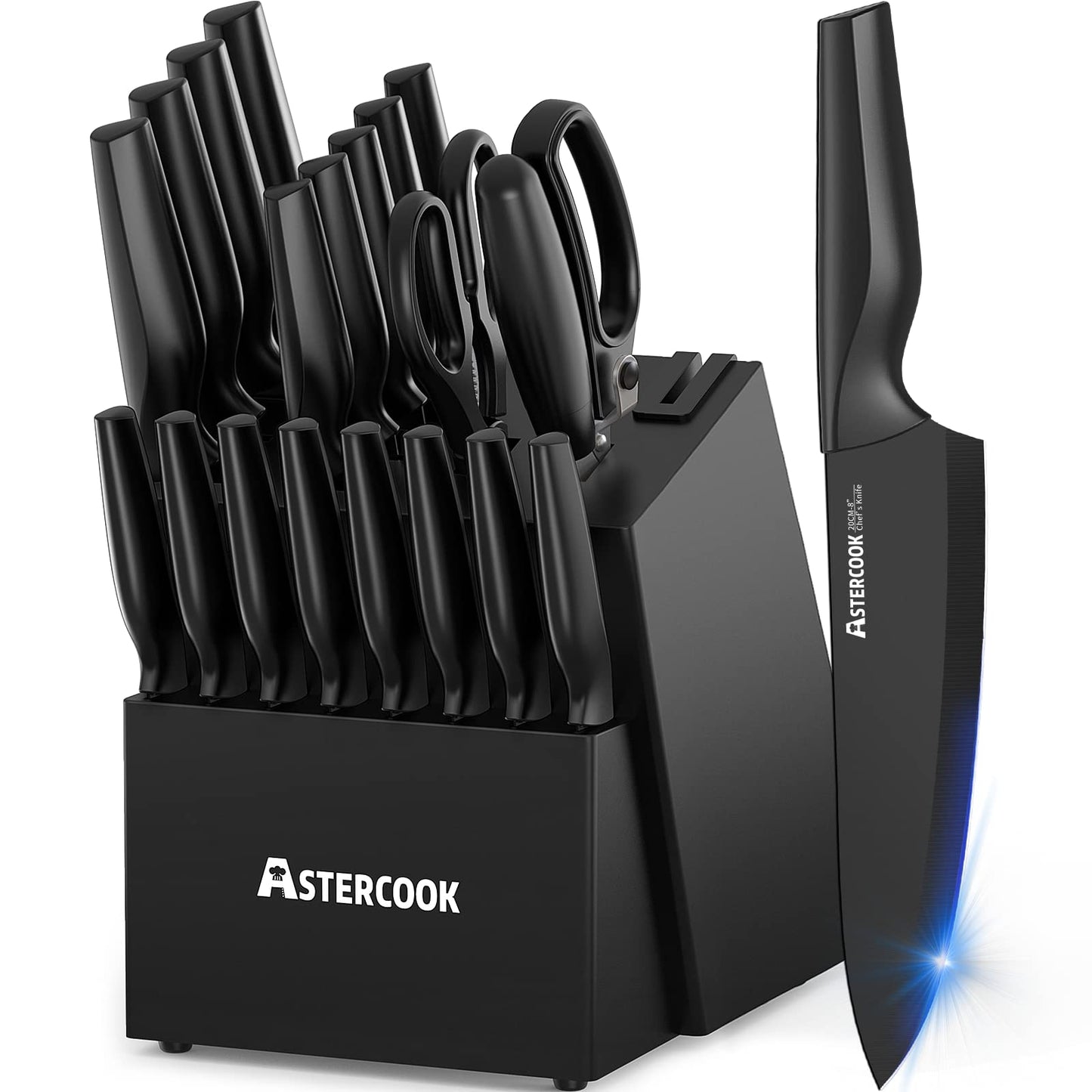 Knife Set, Astercook 21 Pieces Knife Sets for Kitchen with Block, Dishwasher Safe Kitchen Knife Set with Built-in Sharpener, German Stainless Steel Black Knife Block Set Mothers Day Gifts