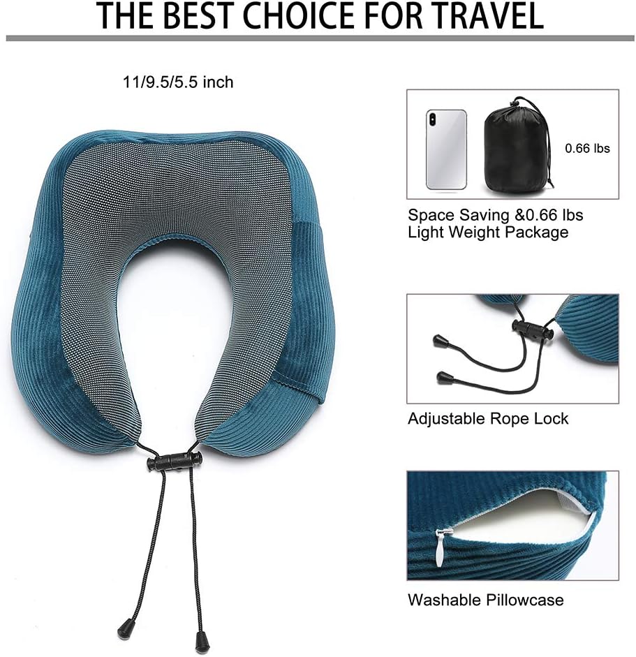 Memory Foam Neck Pillow with 360-Degree Head Support, Lightweight Travel Airplane Pillow with Storage Bag for Sleeping,