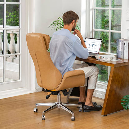 Glitzhome Modern Executive Office Chair, High Back PU Leather Ergonomic Computer Desk Chair, Adjustable Height Swivel Office Task Chair with Lumbar Back Support (Camel)