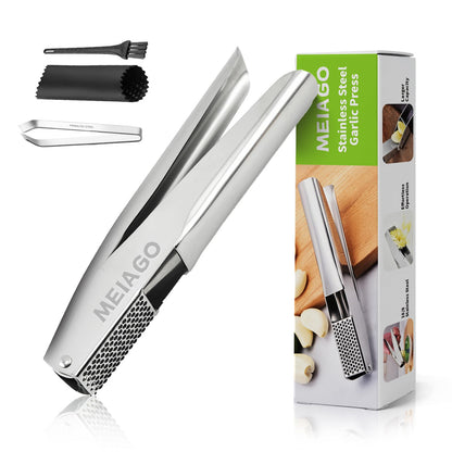 MEIAGO Garlic Press, Stainless Steel Garlic & Ginger Crusher, with Built-In Cleaner, Rust Resistant, No Peel, Large Capacity, Easy Clean，Dishwasher Safe，Silver