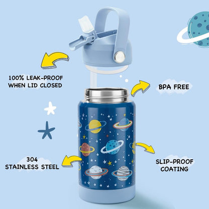 Kerilyn 12oz Kids Water Bottle, Stainless Steel Insulated Water Bottle For Kids, Toddler Cup With Straws Leak-proof, Kids Water Bottles For School Boys Girls, BPA Free, Planet