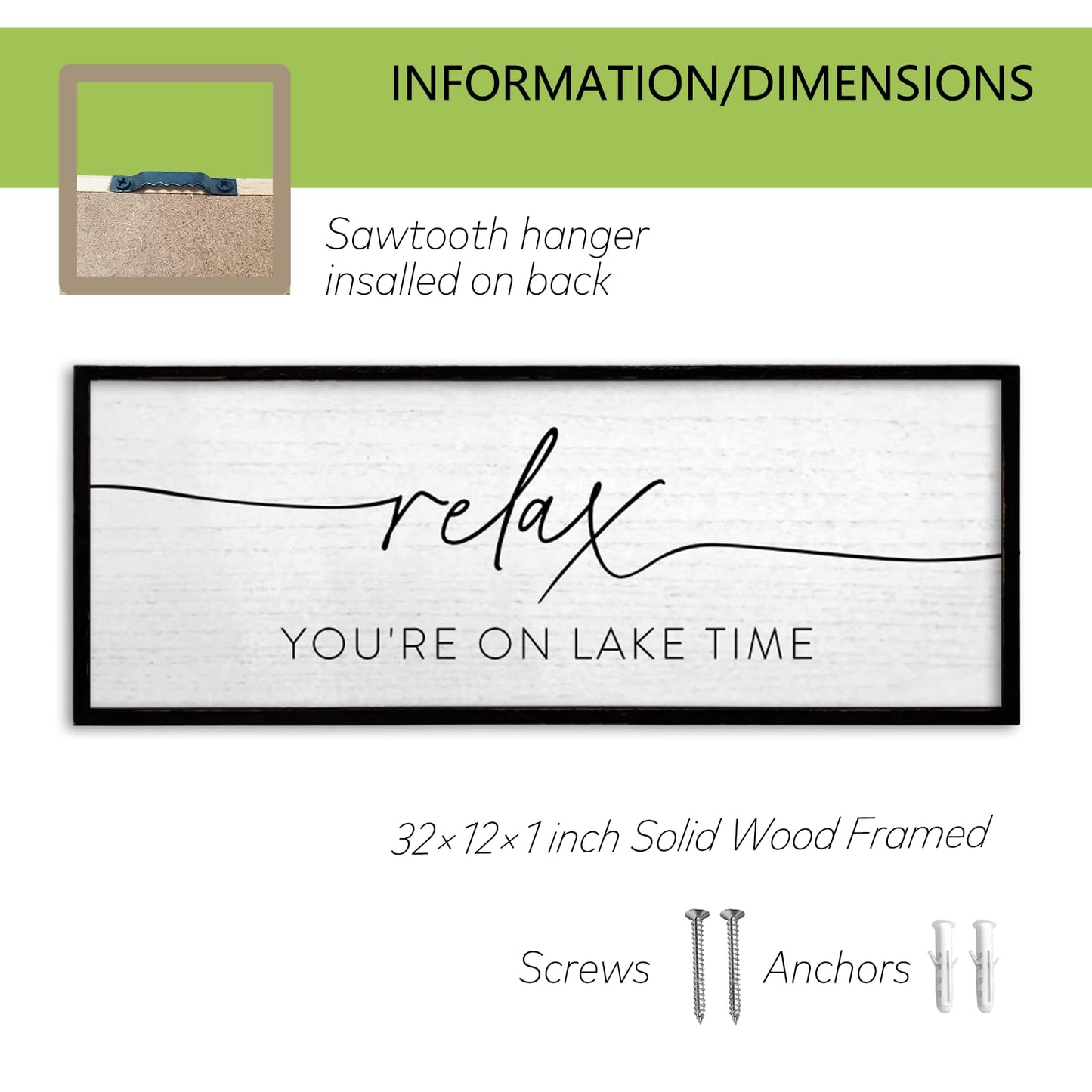 TQianJiang Relax You're On Lake Time Wall Decor 32"×12" Lakeside Quote Sign Lake House Decor for Living Room Bedroom Large Rustic Wooden Framed Wall Hanging Art (Black)