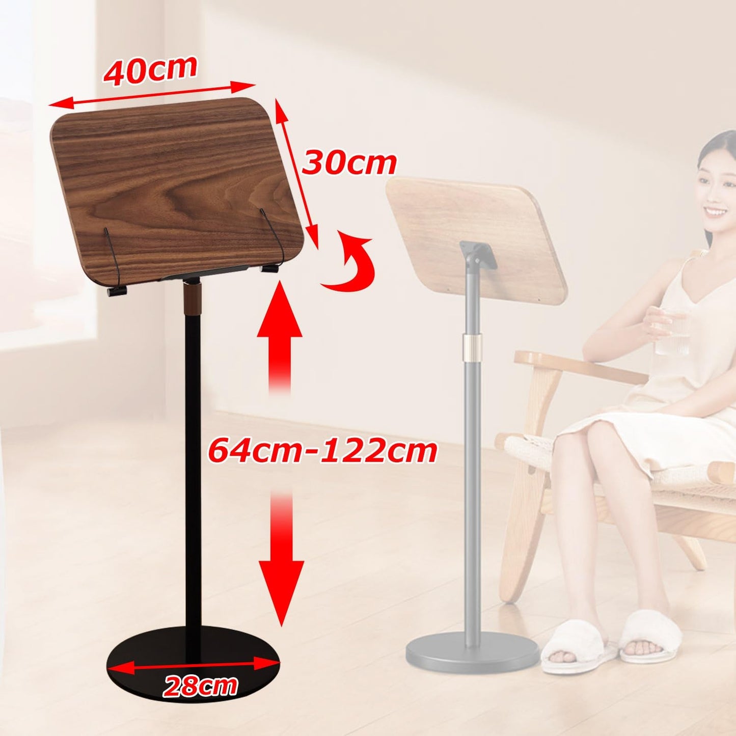 JOMRTS Wood Music Book Stand, High Stability Sheet Music Stand with Spring Book Clip, Retro, Walnut Color, Station for Conductors, Height Adjustable 64-122cm, Durable
