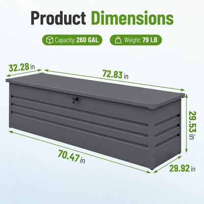 Zolyndo 260 Gallon Waterproof Metal Deck Box, Extra Large Outdoor Storage Box with Hydraulic Lid for Outside Patio, Cushions, Garden Tools, Pool Supplies (Black)