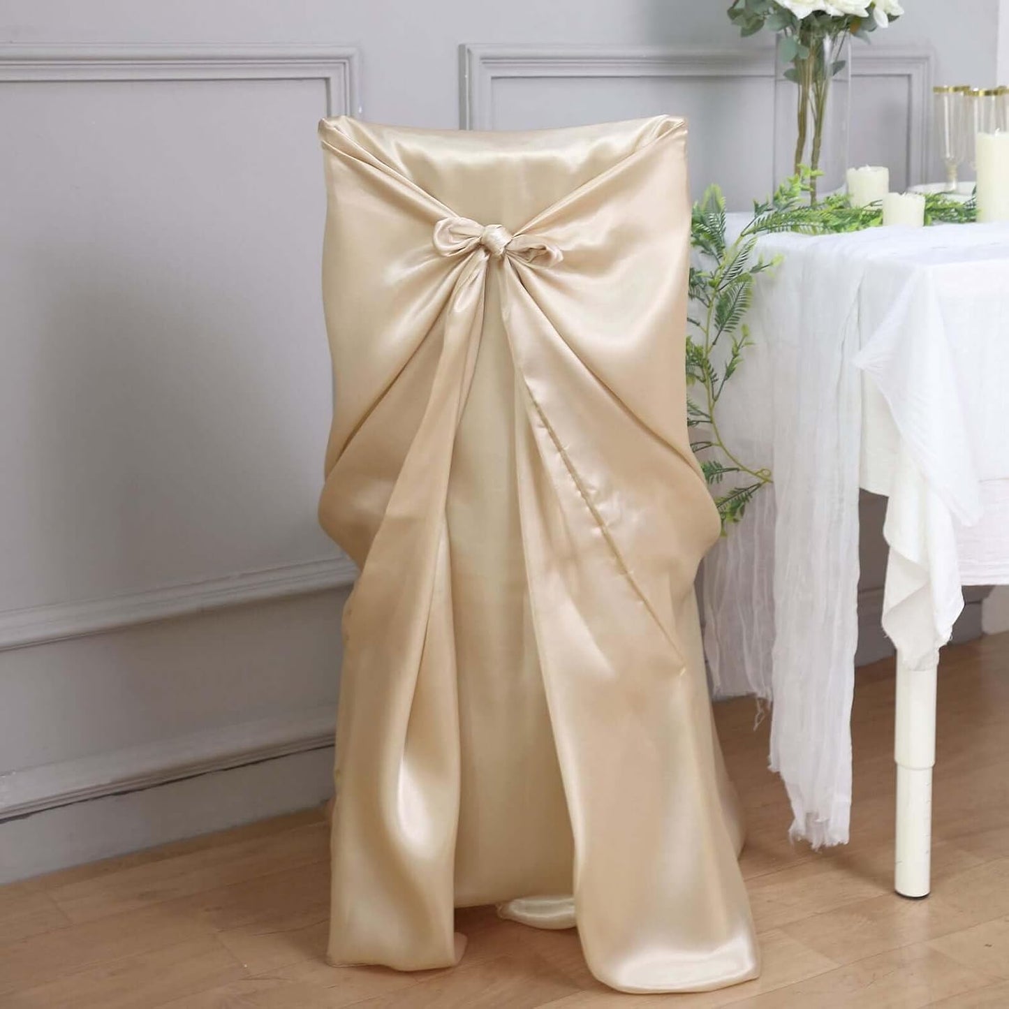 1 Efavormart Beige Chair Covers for Party PCS Satin Self Tie Universal Banquet Wedding Folding Chair Cover for Dining