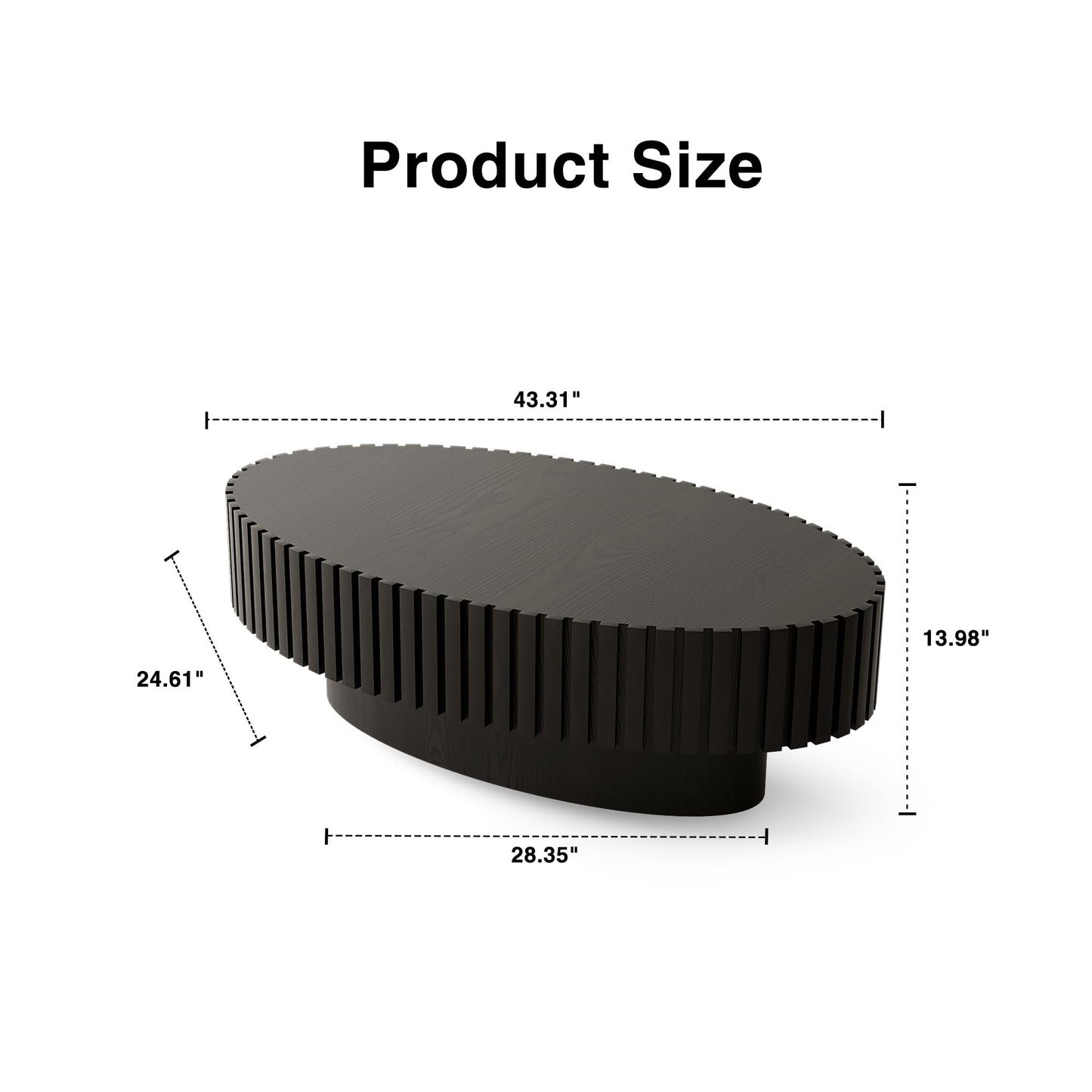 KEIKI 43.31'' Oval Coffee Table, Handcrafted Relief Sturdy Pedestal, Wooden Olive-Shaped Tea Table, Modern MDF & Solid Wood, Open Storage, Easy Assembly for Living Room, Black