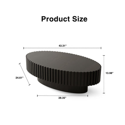 KEIKI 43.31'' Oval Coffee Table, Handcrafted Relief Sturdy Pedestal, Wooden Olive-Shaped Tea Table, Modern MDF & Solid Wood, Open Storage, Easy Assembly for Living Room, Black