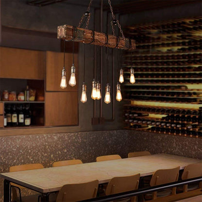 10-Lights Rustic Chandelier Wooden Retro Pendant Light Industrial Suspension Light Wood Chandelier -line can be Adjusted Freely