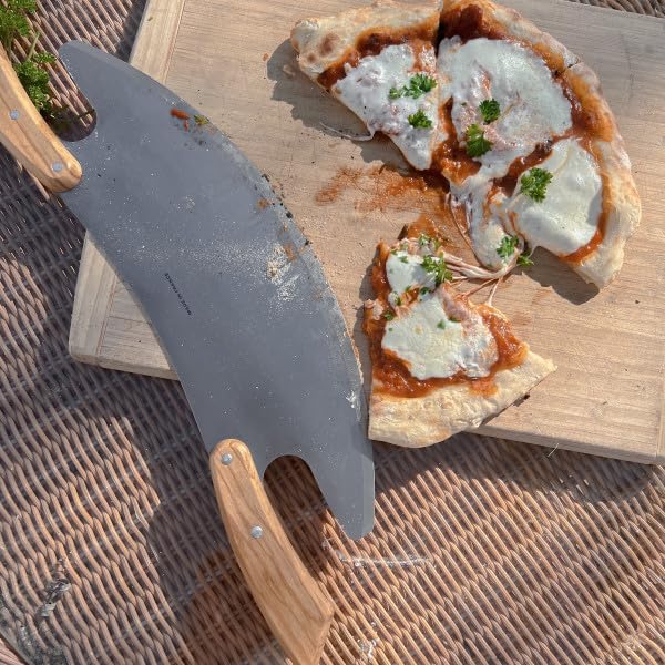 17” Pizza Cutter Rocker Blade - Stainless Steel Slicer with Double Olivewood Handles for Easy Cutting - Large Mezzaluna Chopper - Pizza Oven Accessories by Classic Cuisine