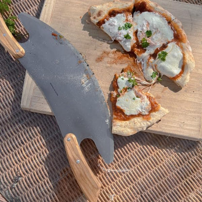 17” Pizza Cutter Rocker Blade - Stainless Steel Slicer with Double Olivewood Handles for Easy Cutting - Large Mezzaluna Chopper - Pizza Oven Accessories by Classic Cuisine