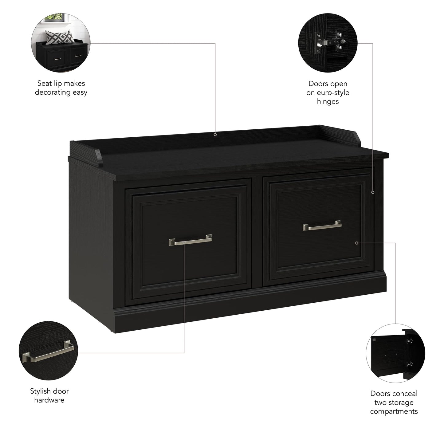 Bush Furniture Woodland 40W Shoe Storage Bench with Doors in Black Suede Oak | Footwear Organizer for Home Entryway, Mudroom, and Foyer