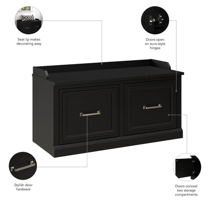 Bush Furniture Woodland 40W Shoe Storage Bench with Doors in Black Suede Oak | Footwear Organizer for Home Entryway, Mudroom, and Foyer