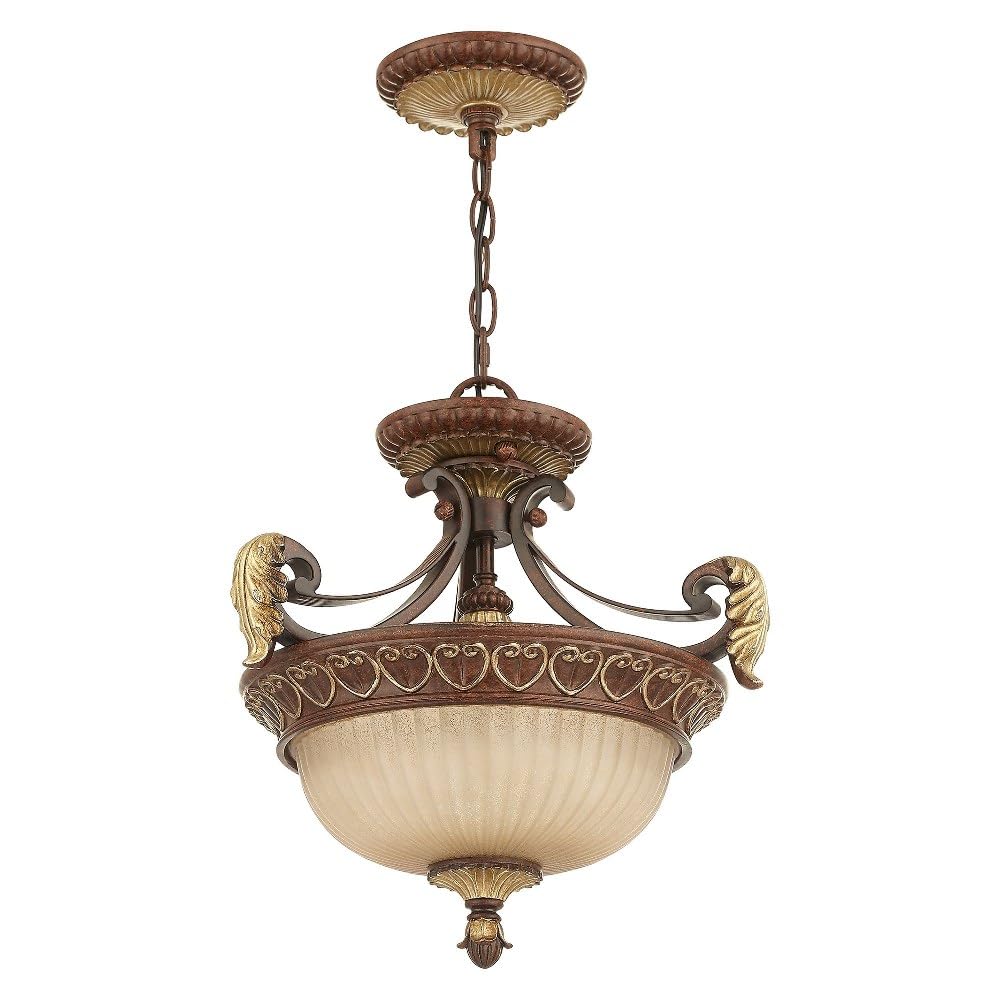 Livex Lighting 8577-63 Villa Verona 2 Light Verona Bronze Finish Flush Mount/Hanging Lantern with Aged Gold Leaf Accents and Rustic Art Glass