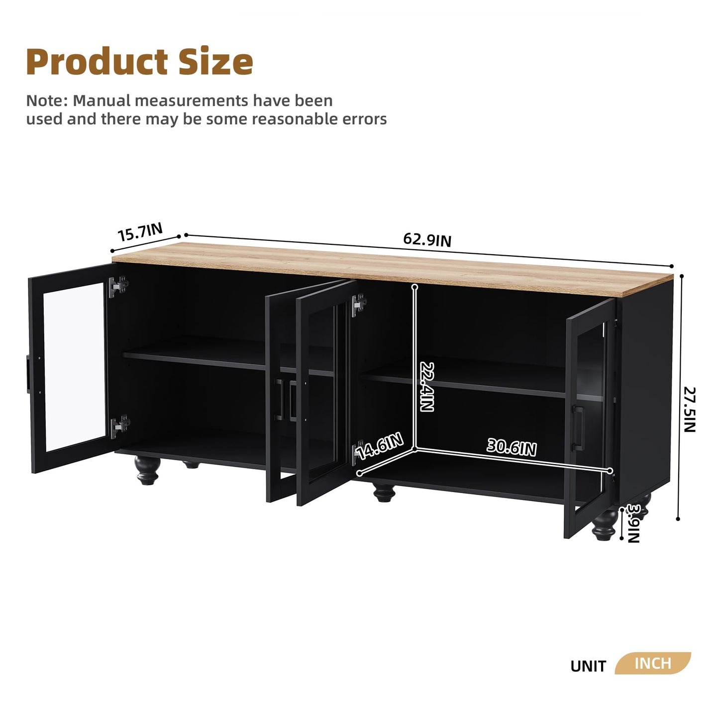 Ball & Cast Farmhouse TV Stand with Tempered Glass Doors for TVs up to 70",Sideboard Buffet w/5 Solid Wood Gourd-Shaped Legs & Adjustable Shelf,Entertainment Center for Living Room,Black+Natural
