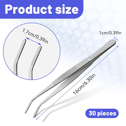 30PCS Thickened Stainless Steel Tweezers with Curved Serrated Tip, 6.3×0.4in Multipurpose Tweezers for Crafting, Craft Sewing, Garden Work and Feeding Small Animals, Non-Slipping Hand Tools (Sliver)