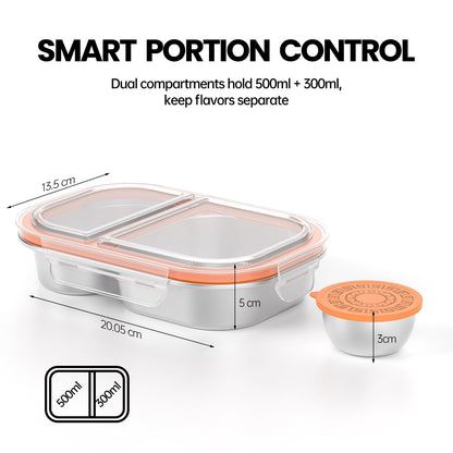CODIEKEY Snackle Box Container,Dishwasher,Reusable Snack Containers With Lids,2 Compartment Stainless Steel Snack Containers,Fruits, Snacks,Nuts,Salad,travel,800ML,White&Orange,2 Pack