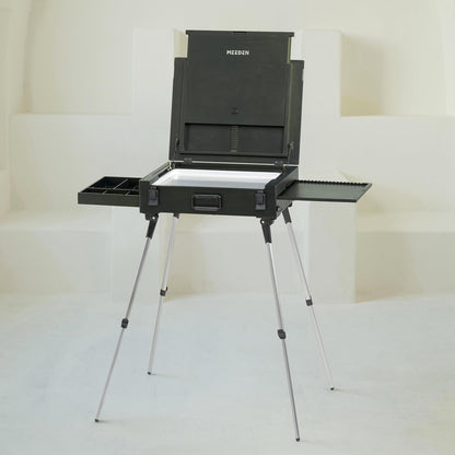 MEEDEN PRO French Easel Box: 21lb/9.5kg Heavy Duty Plein Air Sketchbox Easel for Oil Painting - Boxwood Folding Artist Easel with 4 Aluminum Legs & Storage Drawer for Adult Studio Painting