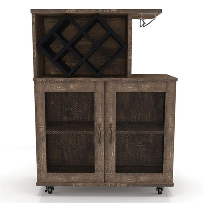 BOWERY HILL 4-Shelf Transitional Wood Mini Bar, Reclaimed Oak Finish, MDF and Particle Board, 15.7" W x 31.5" D x 41.3" H, Mobile Caster Wheels, Built-in Wine Bottle Slots, Glassware Rack, Adjustable