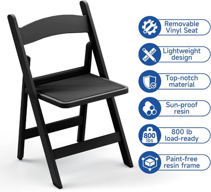 Stackable Black Resin Folding Chairs - 12 Pack, Lightweight with Padded Seats, 800lb Capacity, Ideal for Indoor/Outdoor Events, Comfortable & Portable Seating Black 4 Pack (Black, 2)