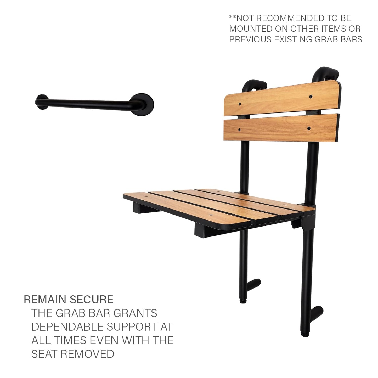Seachrome Profile Folding Shower Seat with 18 inch Grab Bar, Removable Hanging Bench with Backrest & Legs, Teak Phenolic Seat, Black Semi-Gloss Grab Bar