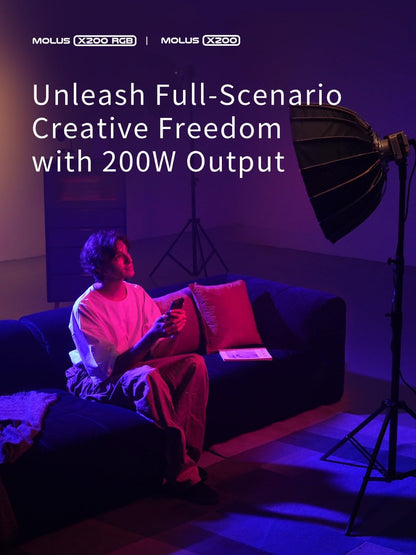 ZHIYUN MOLUS X200 RGB 200W Video Light zhiyun Light Supports V-Mount Battery, HUB Expansion, and PD Power Photography Lighting 2500K~10000K CRI≥95 TLCI≥97 with Bowens Mount Diffuser for Tiktok