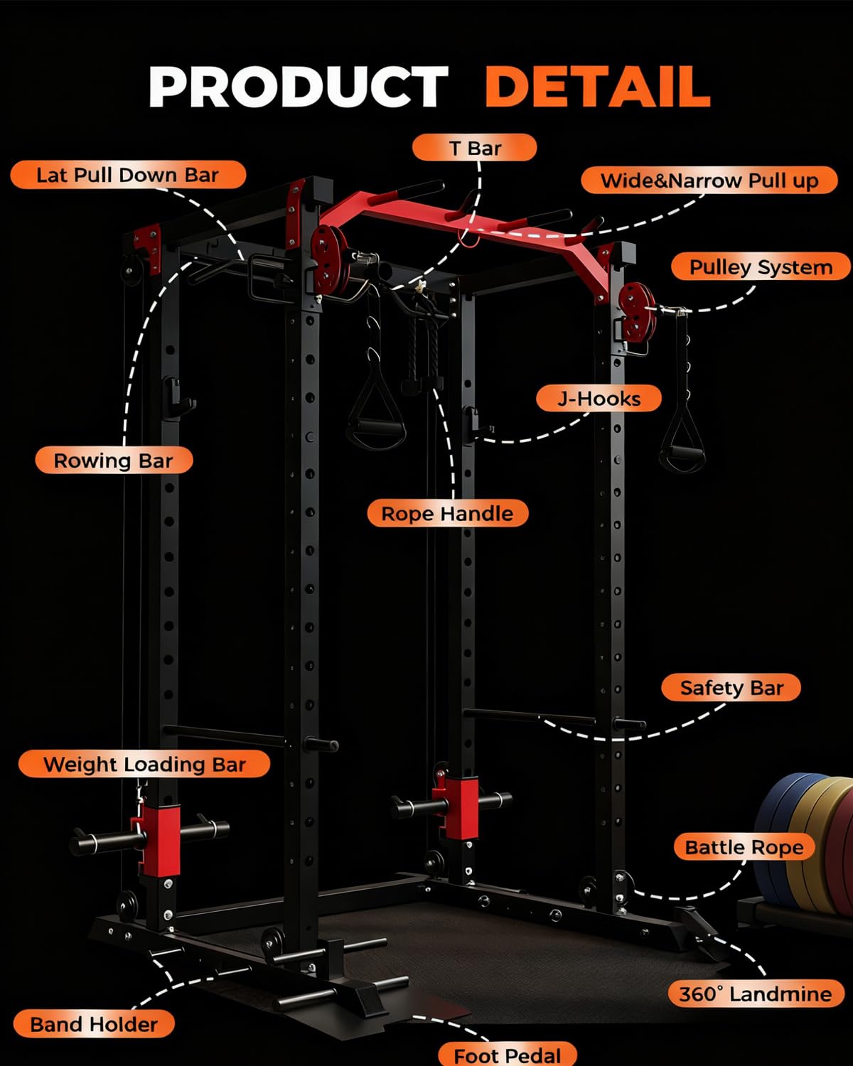 GarveeLife Power Cage, All-in-1 Home Gym with LAT Pulldown & Cable System, 2000LBS Squat Rack for Home & Garage & Apartment Use, Workout Cage with More Attachments (Orange