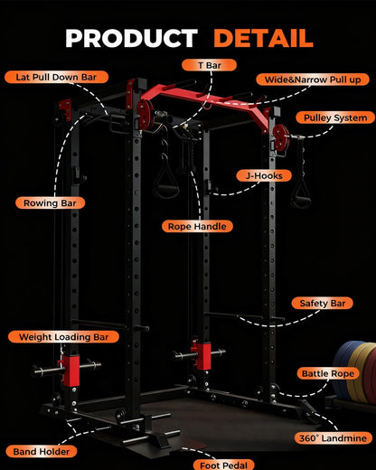 GarveeLife Power Cage, All-in-1 Home Gym with LAT Pulldown & Cable System, 2000LBS Squat Rack for Home & Garage & Apartment Use, Workout Cage with More Attachments (Red)