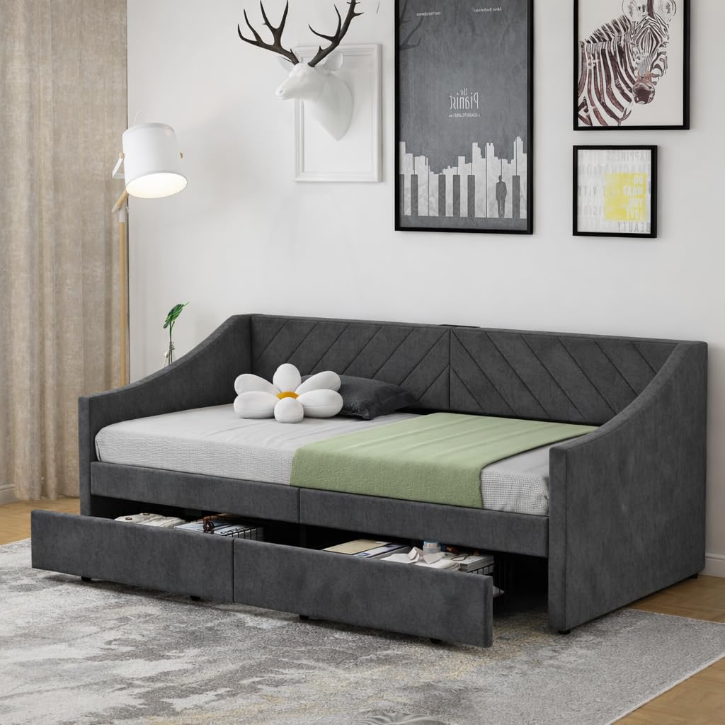 Arhomefurni Upholstered Twin Size Daybed with Two Storage Drawers, Twin Leatherair Sofa Bed Daybed with Wood Slat Support,No Box Spring Needed (Dark Grey)